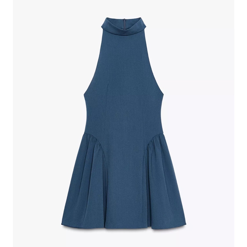 ZARA NWT Halter Neck Mini Dress Teal Ink Blue Pleated Godet Fit Flare Sz M